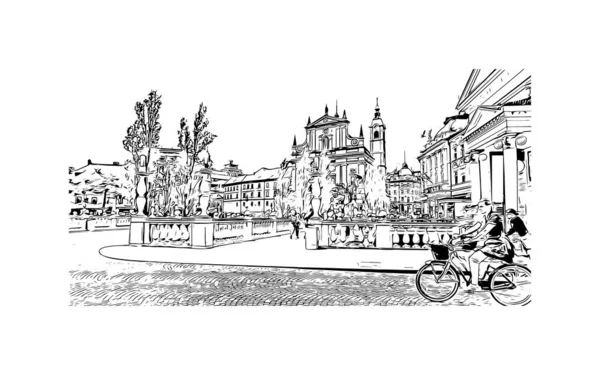 Slovenya 'nın başkenti Ljubljana' nın simgesi olan Print Building view 'dir. Vektörde elle çizilmiş çizim çizimi.