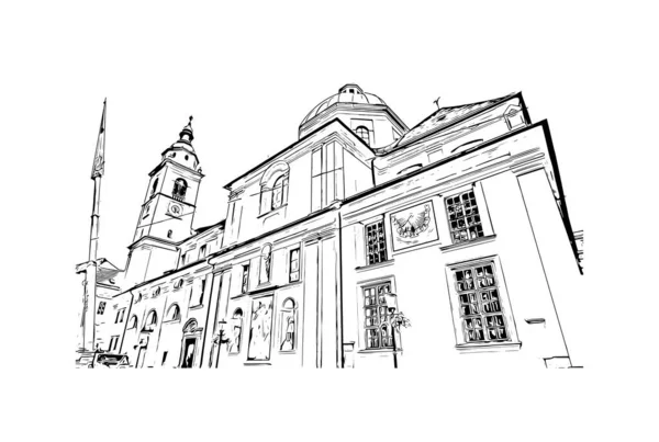 Vytisknout Pohled Budovu Orientačním Bodem Lublaň Hlavním Městem Slovinska Ručně — Stockový vektor