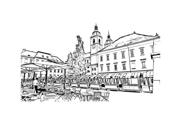 具有卢布尔雅那地标的印刷建筑景观是斯洛文尼亚的首都 矢量手绘草图 — 图库矢量图片
