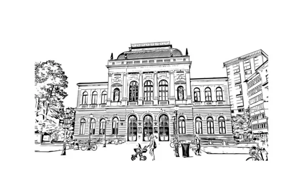 Slovenya 'nın başkenti Ljubljana' nın simgesi olan Print Building view 'dir. Vektörde elle çizilmiş çizim çizimi.