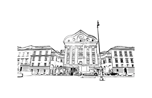 Drukuj Widok Budynek Znakiem Rozpoznawczym Lublany Jest Stolicą Słowenii Ręcznie — Wektor stockowy