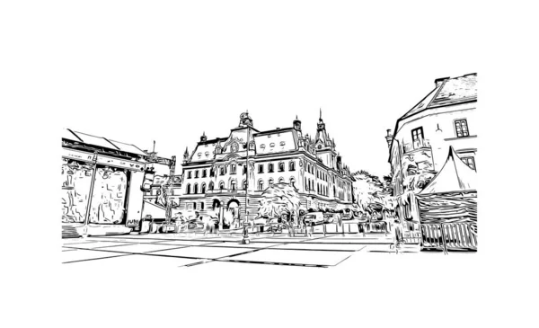 Печатный Вид Здание Достопримечательностью Любляны Столица Словении Ручной Рисунок Векторе — стоковый вектор
