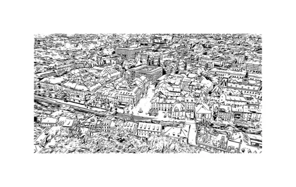 Slovenya 'nın başkenti Ljubljana' nın simgesi olan Print Building view 'dir. Vektörde elle çizilmiş çizim çizimi.