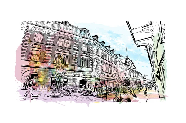 Slovenya 'nın başkenti Ljubljana' nın simgesi olan Print Building view 'dir. Vektör içinde el çizimi çizimi eşkali ile suluboya sıçraması.