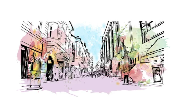 Slovenya 'nın başkenti Ljubljana' nın simgesi olan Print Building view 'dir. Vektör içinde el çizimi çizimi eşkali ile suluboya sıçraması.