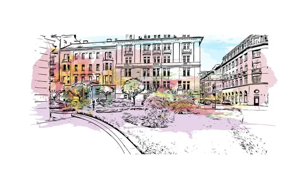 Afdrukken Gebouwenzicht Met Bezienswaardigheid Van Ljubljana Hoofdstad Van Slovenië Aquarel — Stockvector