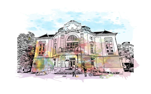Slovenya 'nın başkenti Ljubljana' nın simgesi olan Print Building view 'dir. Vektör içinde el çizimi çizimi eşkali ile suluboya sıçraması.