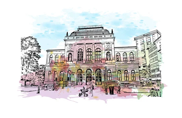 Slovenya 'nın başkenti Ljubljana' nın simgesi olan Print Building view 'dir. Vektör içinde el çizimi çizimi eşkali ile suluboya sıçraması.