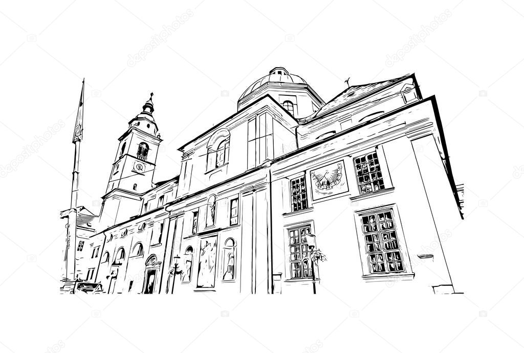Print Building view with landmark of Ljubljana is the capital of Slovenia. Hand drawn sketch illustration in vector.