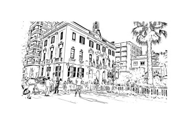Print Building view with landmark of Lloret de Mar is the town in Spain. Vektörde elle çizilmiş çizim çizimi.