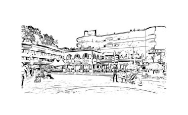 Print Building view with landmark of Lloret de Mar is the town in Spain. Vektörde elle çizilmiş çizim çizimi.