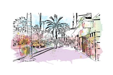 Print Building view with landmark of Lloret de Mar is the town in Spain. Vektörde elle çizilmiş resim ile suluboya sıçraması.