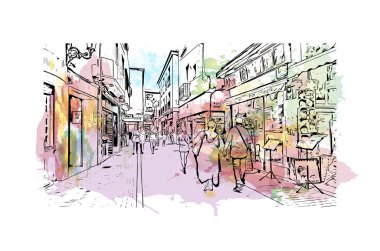 Print Building view with landmark of Lloret de Mar is the town in Spain. Vektörde elle çizilmiş resim ile suluboya sıçraması.