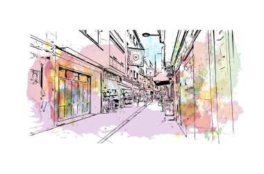 Print Building view with landmark of Lloret de Mar is the town in Spain. Vektörde elle çizilmiş resim ile suluboya sıçraması.