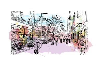 Print Building view with landmark of Lloret de Mar is the town in Spain. Vektörde elle çizilmiş resim ile suluboya sıçraması.