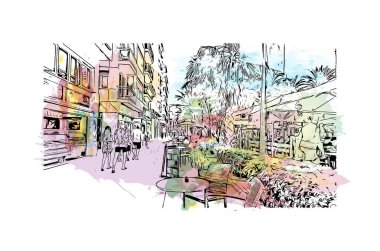 Print Building view with landmark of Lloret de Mar is the town in Spain. Vektörde elle çizilmiş resim ile suluboya sıçraması.