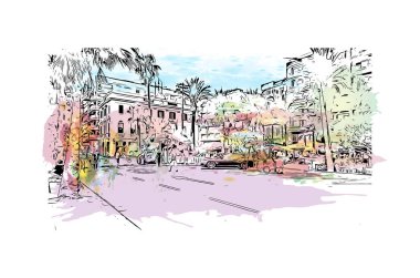 Print Building view with landmark of Lloret de Mar is the town in Spain. Vektörde elle çizilmiş resim ile suluboya sıçraması.