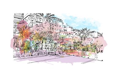 Print Building view with landmark of Lloret de Mar is the town in Spain. Vektörde elle çizilmiş resim ile suluboya sıçraması.