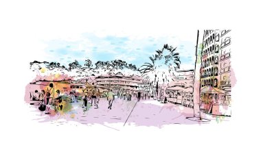 Print Building view with landmark of Lloret de Mar is the town in Spain. Vektörde elle çizilmiş resim ile suluboya sıçraması.