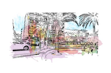 Print Building view with landmark of Lloret de Mar is the town in Spain. Vektörde elle çizilmiş resim ile suluboya sıçraması.