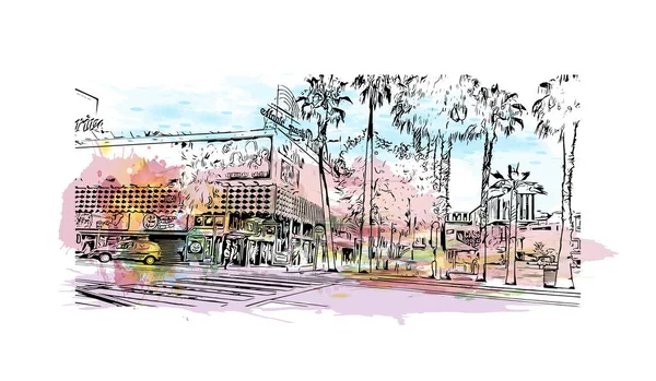 Print Building view with landmark of Lloret de Mar is the town in Spain. Vektörde elle çizilmiş resim ile suluboya sıçraması.