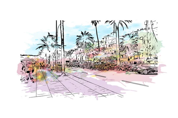 Vytisknout Pohled Budovu Orientačním Bodem Lloret Mar Město Španělsku Akvarelové — Stockový vektor