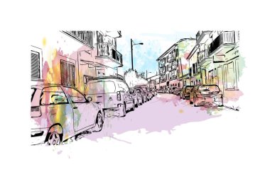 Print Building view with landmark of Llucmajor is the Spain. Vektörde elle çizilmiş resim ile suluboya sıçraması.