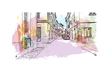 Print Building view with landmark of Llucmajor is the Spain. Vektörde elle çizilmiş resim ile suluboya sıçraması.