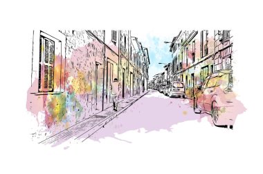 Print Building view with landmark of Llucmajor is the Spain. Vektörde elle çizilmiş resim ile suluboya sıçraması.