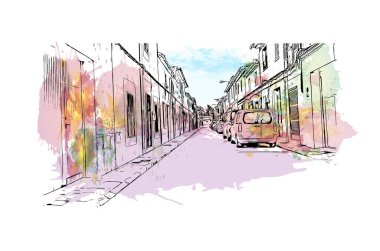 Print Building view with landmark of Llucmajor is the Spain. Vektörde elle çizilmiş resim ile suluboya sıçraması.