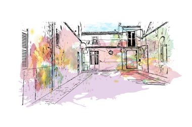 Print Building view with landmark of Llucmajor is the Spain. Vektörde elle çizilmiş resim ile suluboya sıçraması.