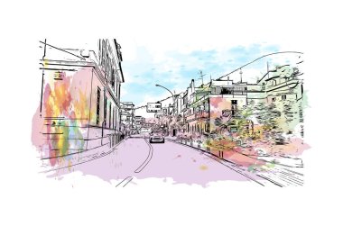 Print Building view with landmark of Loano is the comune in Italy. Vektörde elle çizilmiş resim ile suluboya sıçraması.