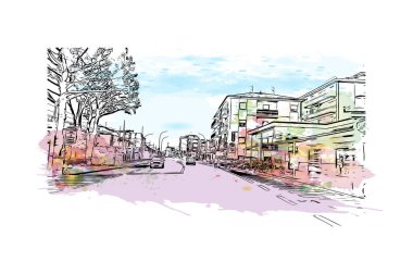 Print Building view with landmark of Loano is the comune in Italy. Vektörde elle çizilmiş resim ile suluboya sıçraması.