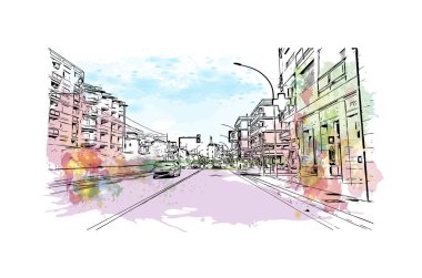 Print Building view with landmark of Loano is the comune in Italy. Vektörde elle çizilmiş resim ile suluboya sıçraması.