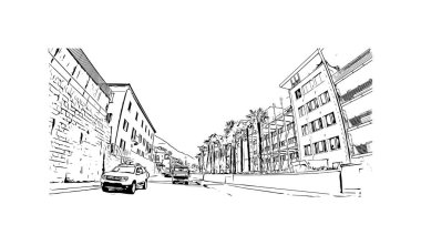 İsviçre 'nin başkenti Locarno' nun simgesi olan Print Building View 'dir. Vektörde elle çizilmiş çizim çizimi.