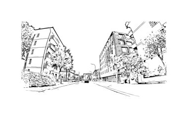 İsviçre 'nin başkenti Locarno' nun simgesi olan Print Building View 'dir. Vektörde elle çizilmiş çizim çizimi.
