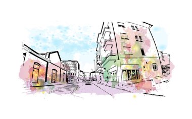 İsviçre 'nin başkenti Locarno' nun simgesi olan Print Building View 'dir. Vektörde elle çizilmiş resim ile suluboya sıçraması.