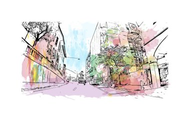 İsviçre 'nin başkenti Locarno' nun simgesi olan Print Building View 'dir. Vektörde elle çizilmiş resim ile suluboya sıçraması.