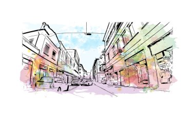 İsviçre 'nin başkenti Locarno' nun simgesi olan Print Building View 'dir. Vektörde elle çizilmiş resim ile suluboya sıçraması.