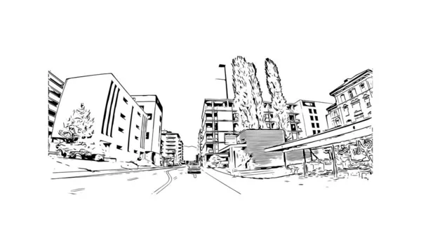 Print Building View Landmark Locarno Town Switzerland Hand Drawn Sketch — Stock Vector