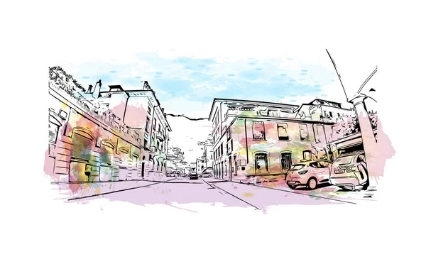 Imprimer Ville Locarno Est Située Suisse Aquarelle Éclaboussure Avec Dessin — Image vectorielle