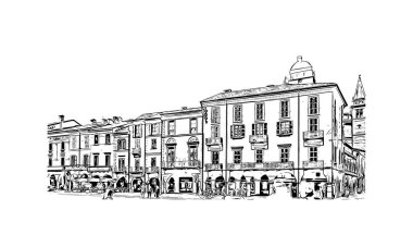 Lodi 'nin simgesi olan Print Building View Kaliforniya' da yer almaktadır. Vektörde el çizimi çizimi illüstrasyon.