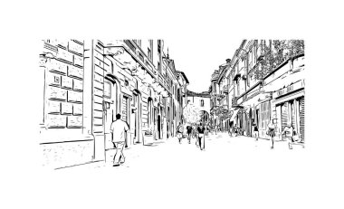 Lodi 'nin simgesi olan Print Building View Kaliforniya' da yer almaktadır. Vektörde el çizimi çizimi illüstrasyon.