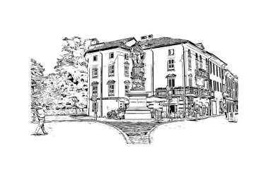 Lodi 'nin simgesi olan Print Building View Kaliforniya' da yer almaktadır. Vektörde el çizimi çizimi illüstrasyon.