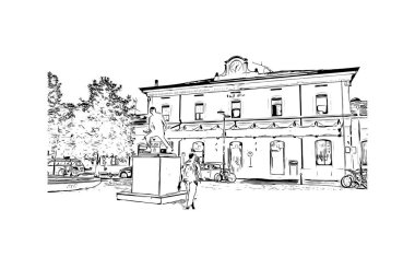 Lodi 'nin simgesi olan Print Building View Kaliforniya' da yer almaktadır. Vektörde el çizimi çizimi illüstrasyon.