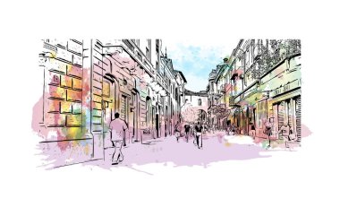 Lodi 'nin simgesi olan Print Building View Kaliforniya' da yer almaktadır. Vektör içinde el çizimi çizimi resimleme ile suluboya sıçraması.