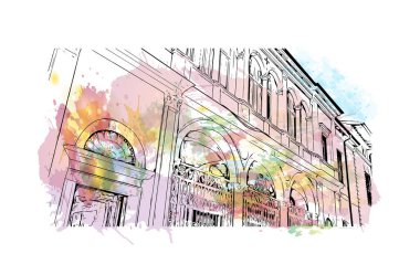 Lodi 'nin simgesi olan Print Building View Kaliforniya' da yer almaktadır. Vektör içinde el çizimi çizimi resimleme ile suluboya sıçraması.