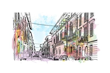Lodi 'nin simgesi olan Print Building View Kaliforniya' da yer almaktadır. Vektör içinde el çizimi çizimi resimleme ile suluboya sıçraması.