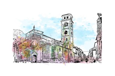 Lodi 'nin simgesi olan Print Building View Kaliforniya' da yer almaktadır. Vektör içinde el çizimi çizimi resimleme ile suluboya sıçraması.