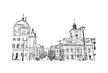 Print Building view with landmark of Lodz is the city of Poland. Vektörde elle çizilmiş çizim çizimi.